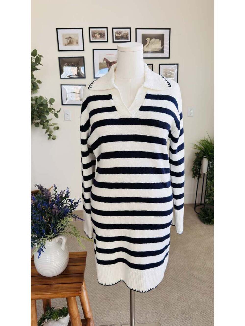 Lush Striped Collared V-Neck Knit Sweater Dress Size M